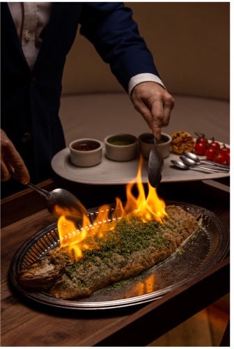 Server in suit flame-grilling fresh fish at Predalina.